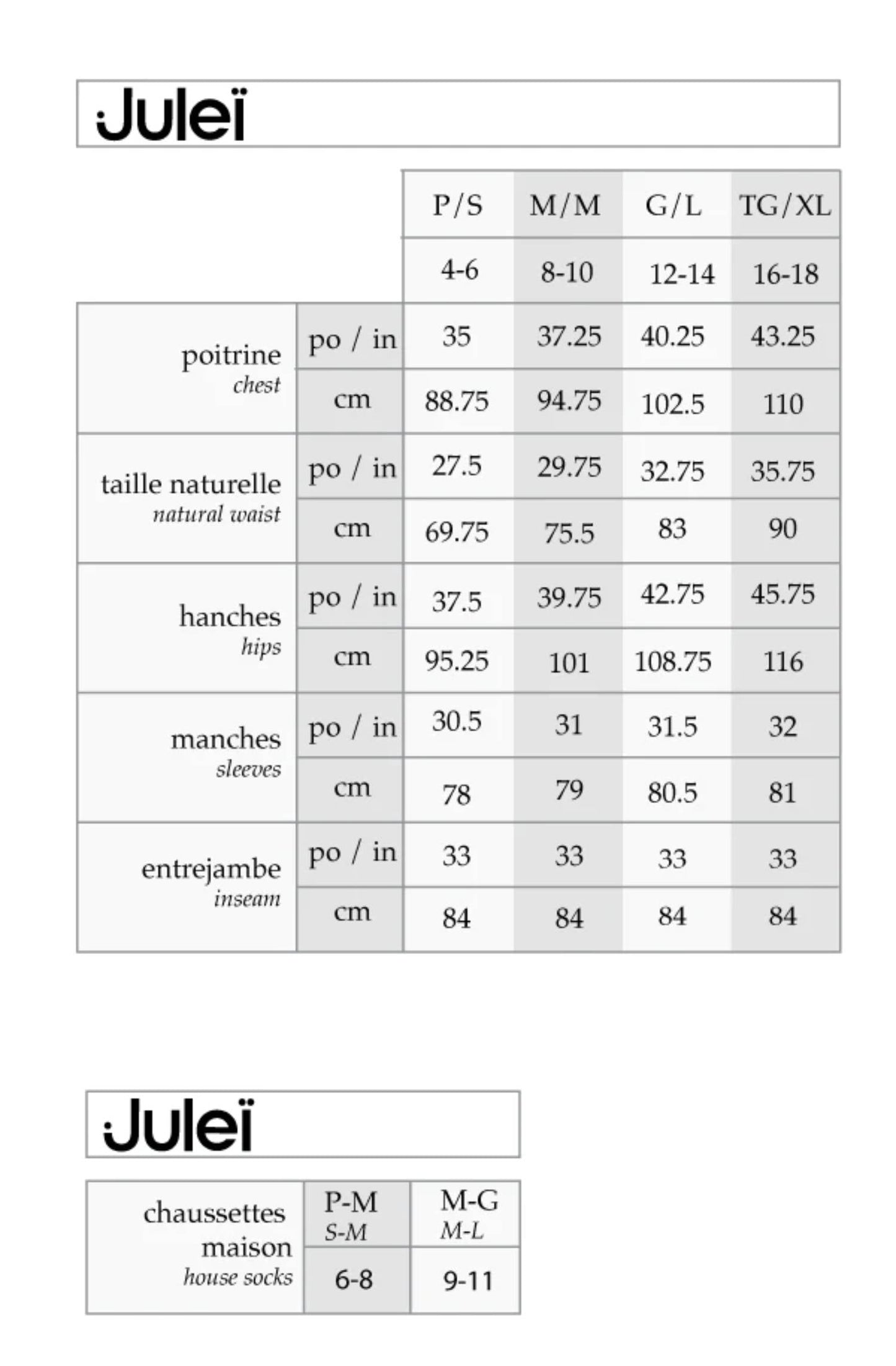 Julei Size Chart