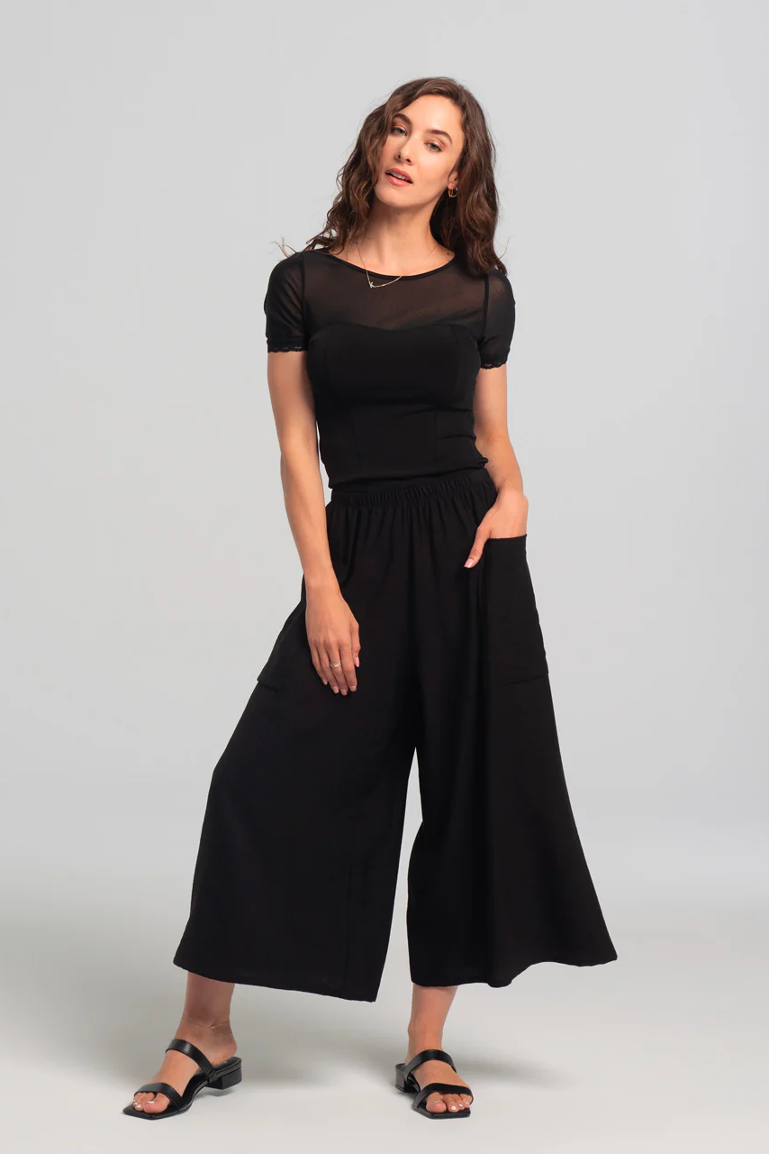 Ishtar Pants by Kollontai, Black, cropped, very wide legs, elastic waist, patch pockets, lightweight rayon knit, sizes XS to XXL, made in Montreal 