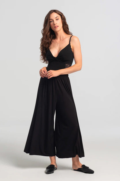 Maeve Pants by Kollontai, Black, very wide legs, slightly cropped length, lightweight, elastic waist, sizes XS to XXL, made in Montreal