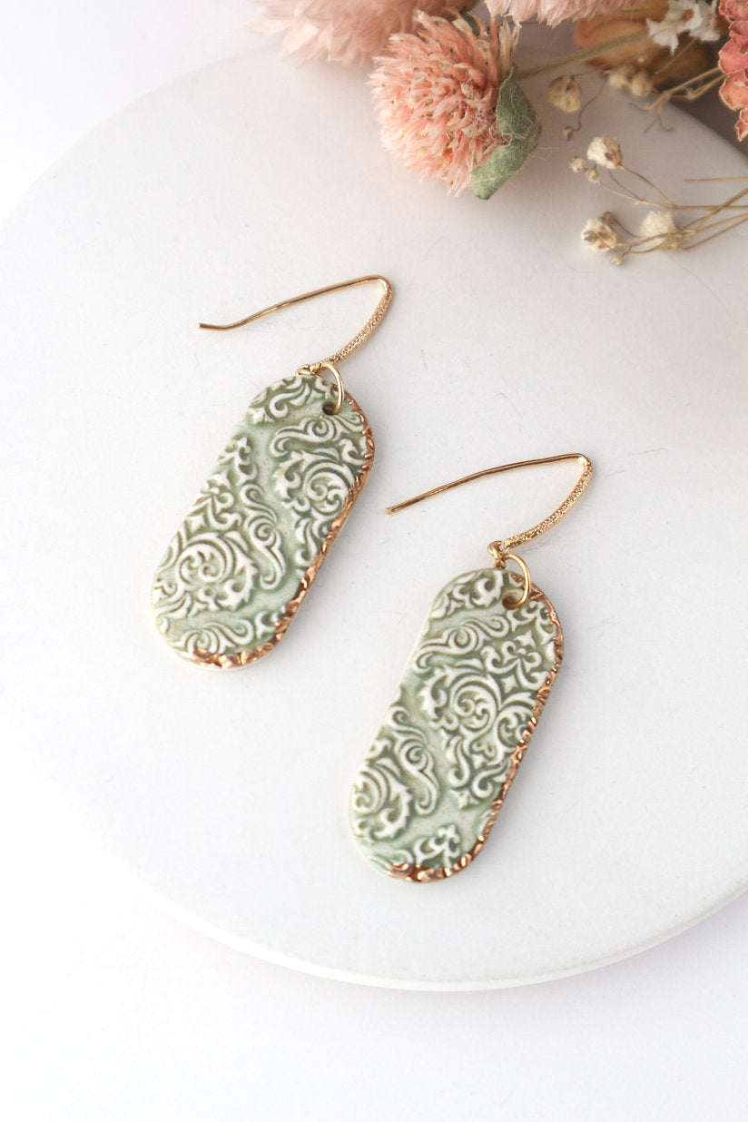 Long Ceramic Engraved Oval Dangles