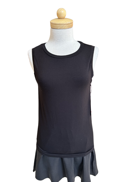 The Neon Camisole by Slak in Black, a high necked, wide strapped tank, is shown on a mannequin with a black skirt against a white background.