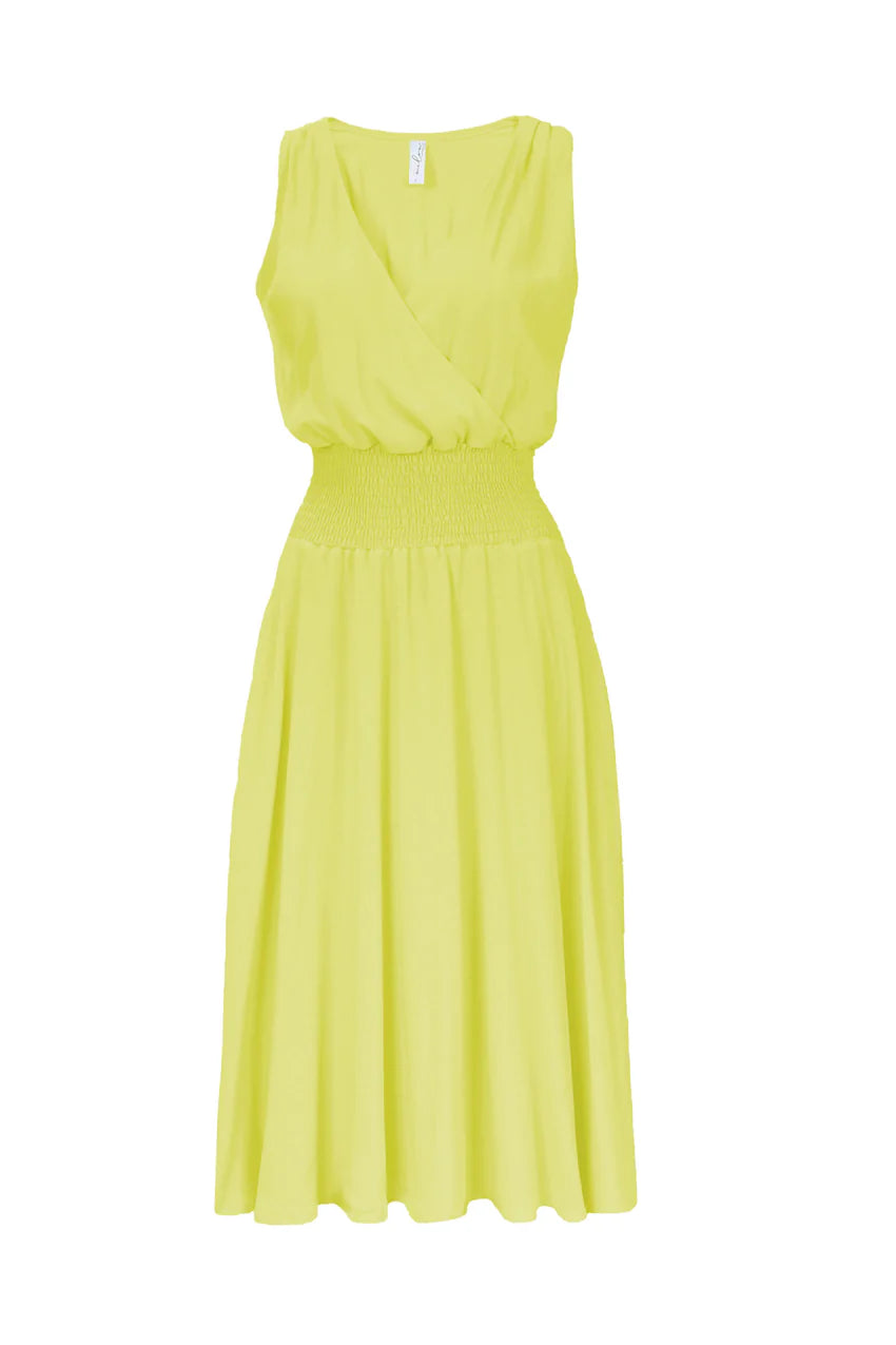 India Dress by Melow, Lemon, sleeveless, deep cross-over neck, wide elastic waistband, knee length skirt, side pockets, sizes XS to XXL, made in Montreal 