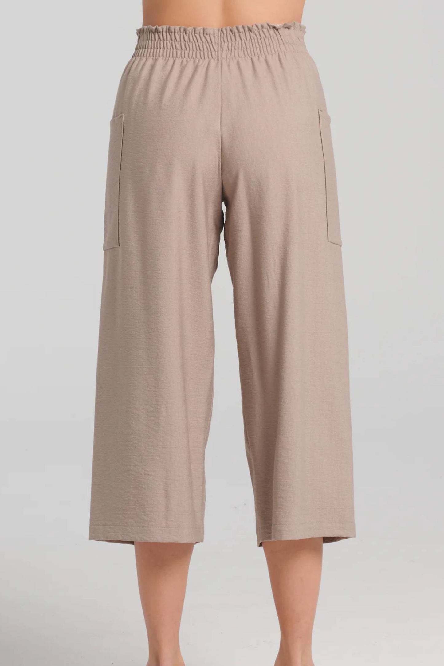 Devon Pants by Kollontai, Taupe, back view, cropped leg, wide legs, elastic waist, side patch pockets, rayon/nylon blend, sizes XS to XXL, made in Montreal 