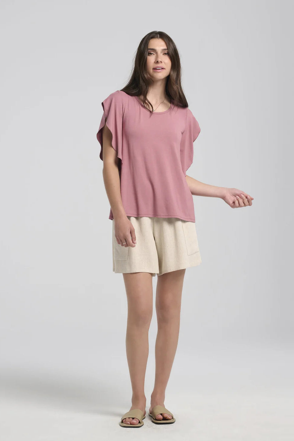 Seren Shorts by Kollontai, Beige, wide legs, elastic waist, large patch pockets, rayon blend. 