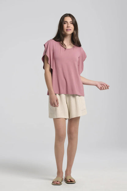 Seren Shorts by Kollontai, Beige, wide legs, elastic waist, large patch pockets, rayon blend. 