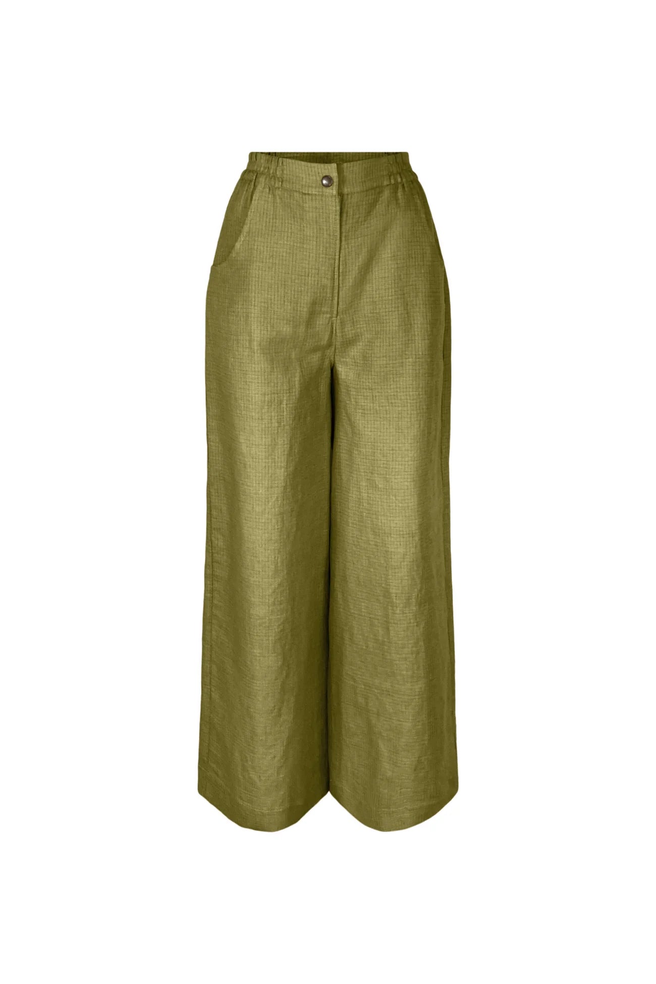 The Matisse Trousers by Melow in Pesto check, full length wide leg pants with a zipper front and a high waist with elastic at the back and side and back patch pockets, are shown against a white background. 
