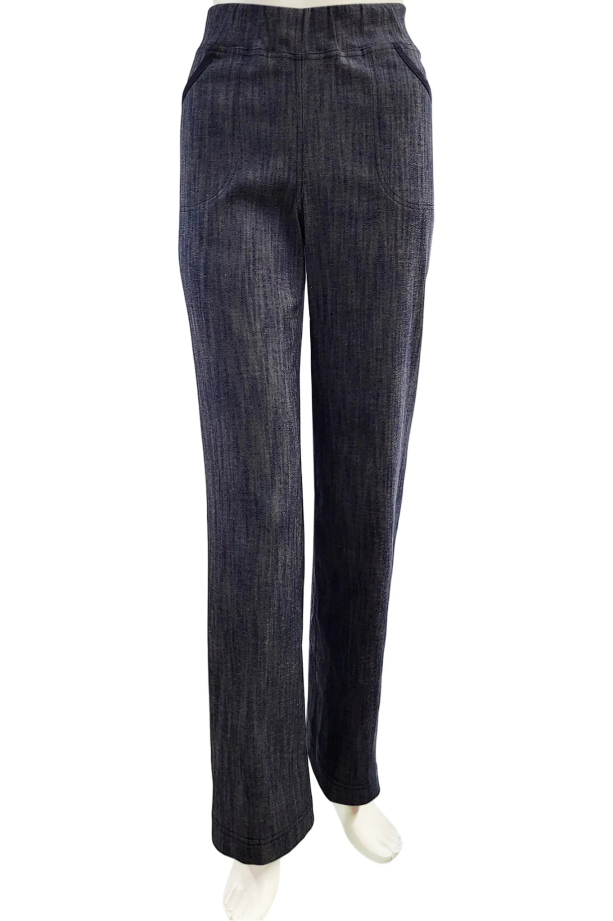 The Wade Vintage Denim Pants in Indigo by Mandala are shown on a mannequin against a white background. 