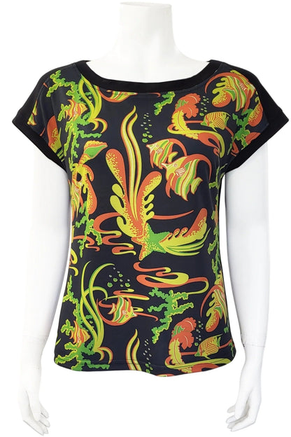 Mannequin wearing the Marina Deep Sea Tee from Mandala in Tropical pattern, against a white background