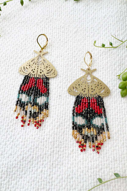 Moth beaded fringe earrings