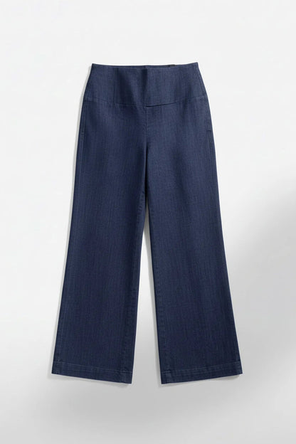 The Catherine Denim Pants by Message Factory, with a smooth pull-on waistband, wide legs, and pockets, are shown against a white background. 