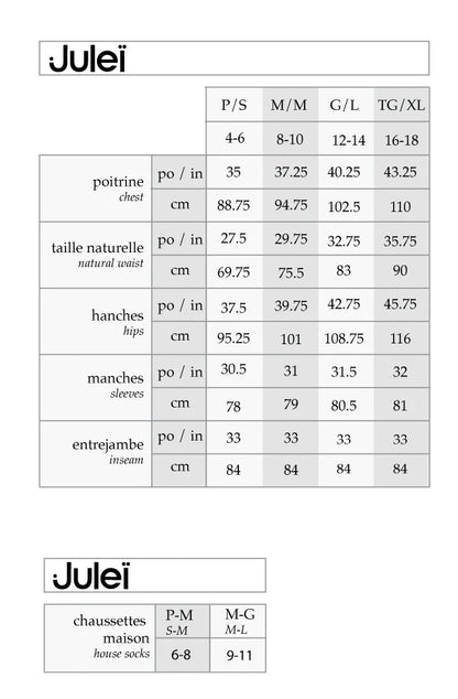 Julei size chart for clothing with measurements in centimeters and inches.