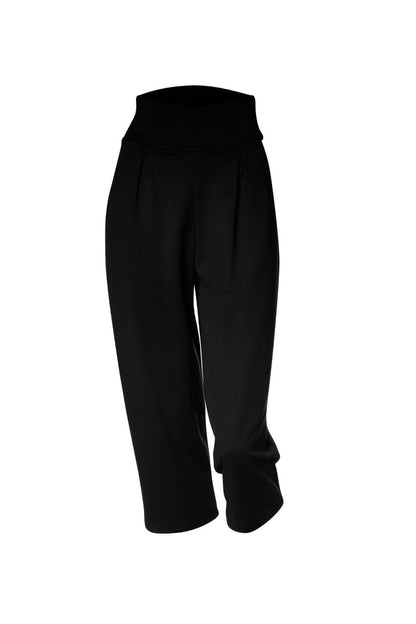 The Wilfred Pants by Melow in Black - featuring a wide pull on waistband, front pleats, and cropped legs, shown in front of a white background 