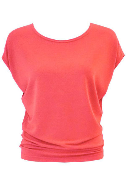 Charles Slouch Tee by Mandala, Coral-Rose, short sleeves, fitted band at waist, sizes XS to XL, made in Ontario
