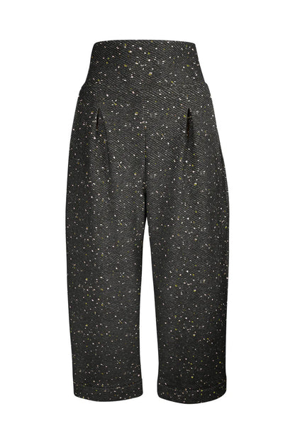 Dorian Pants by Melow, Black Tweed, high-waist, front darts, 3/4 capri, wide-leg, folded hem, sizes XS to XXL, made in Quebec