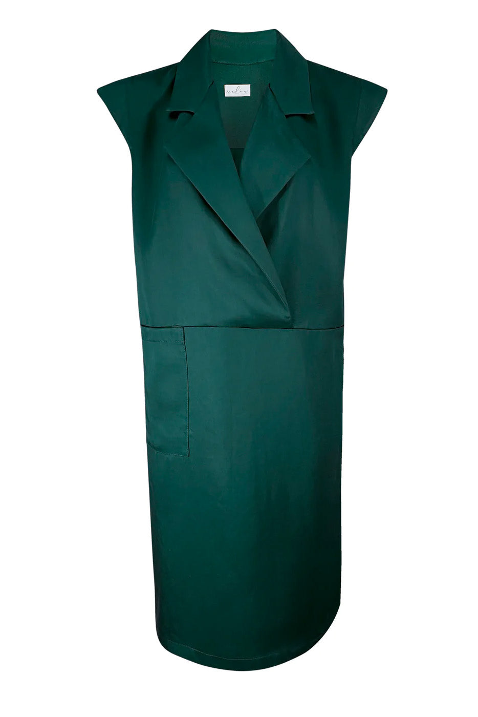 Frida Dress by Melow, Cypress, straight cut, cap sleeves, tailored collar, box pleat and yoke at back, patch pocket, eco fabric, sizes XS to XXL, made in Quebec