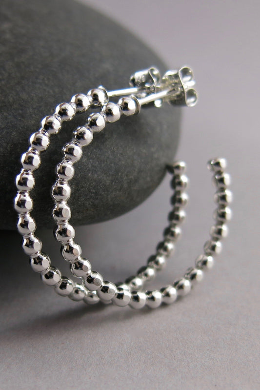Open Hoop Stud Earrings • Sterling Silver Beaded Hoops