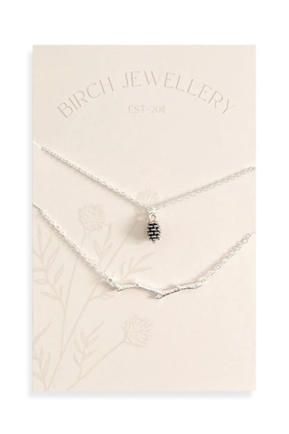 Pine Cone and Branch Layering Set by Birch Jewellery, Silver, made in Ottawa
