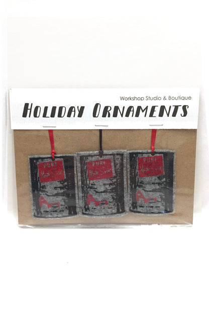 Grey Maple Syrup Cans Sirop D'érable handmade felt ornaments. Handmade in our Ottawa studio.