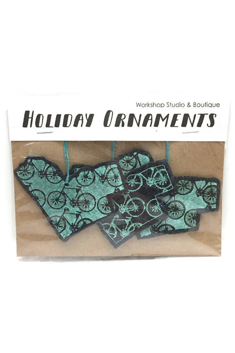 Workshop handmade silkscreen ornament sets, 3 Ottawa Bike Love. made in Ottawa Canada