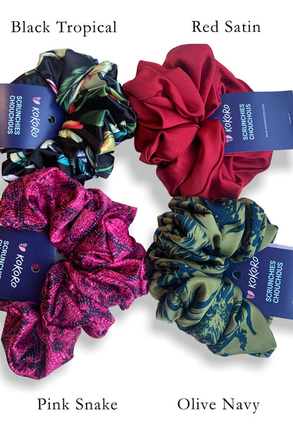 XL Oversized Scrunchie by Kokoro, Black Tropical, Pink Snake, Red Satin, Olive Navy